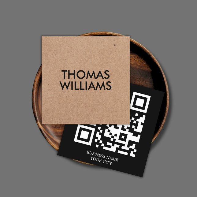 Minimalist Bold Black Printed Kraft QR Networking Square Business Card (Creator Uploaded)