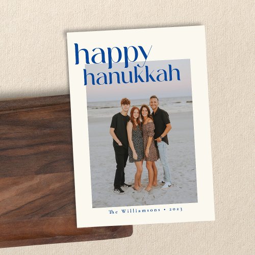 Minimalist Bold Blue Modern Hanukkah Custom Photo Holiday Card