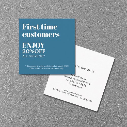 Minimalist Bold Blue White Salon First Time Discount Card