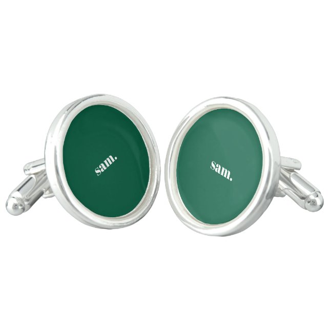 Minimalist bold custom text green cufflinks (Angled)