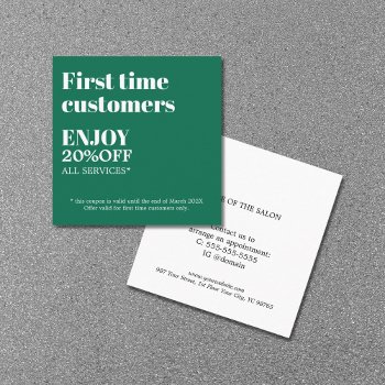 Minimalist Bold Green White Salon First Time Discount Card by pro_business_card at Zazzle