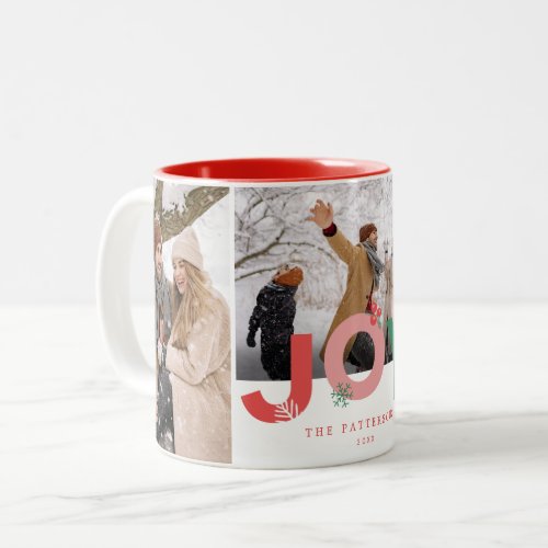 Minimalist Bold Joy Script 3 Photo Collage Holiday Two_Tone Coffee Mug