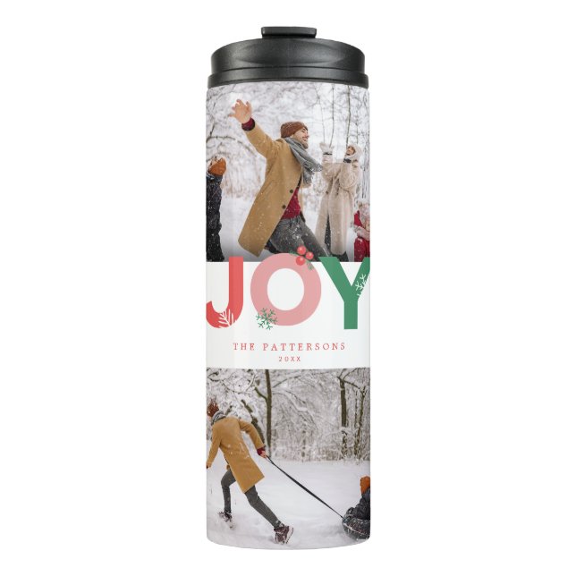 Minimalist Bold Joy Script 6 Photo Collage Holiday Thermal Tumbler (Front)