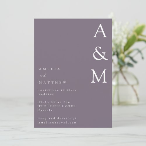 Minimalist Bold Monogram Boho Dusty Purple Wedding Invitation