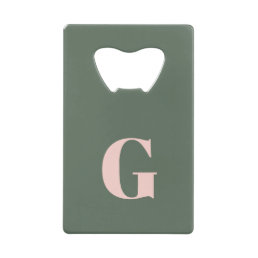 Minimalist Bold Monogram in Spruce Green and Pink  Credit Card Bottle Opener