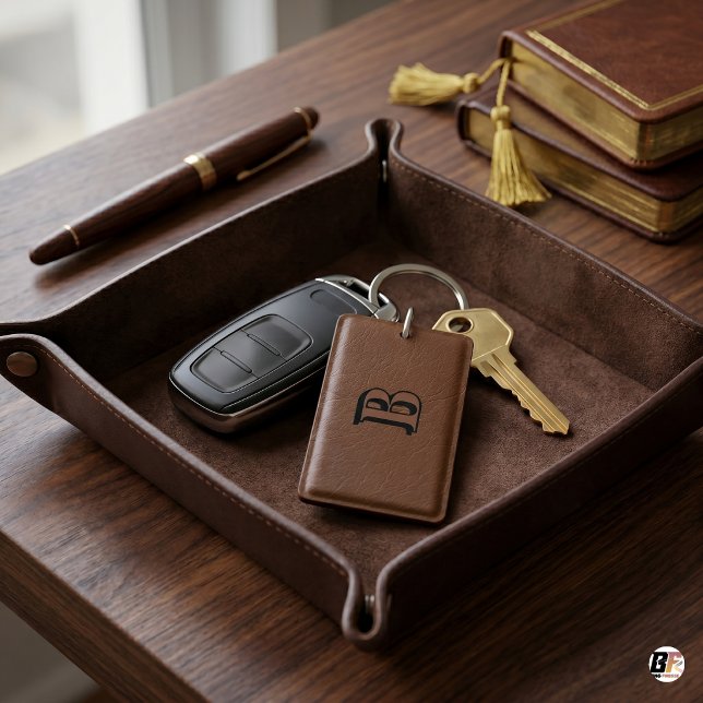 Minimalist Bold Monogram Initial B Brown Leather Keychain (Creator Uploaded)