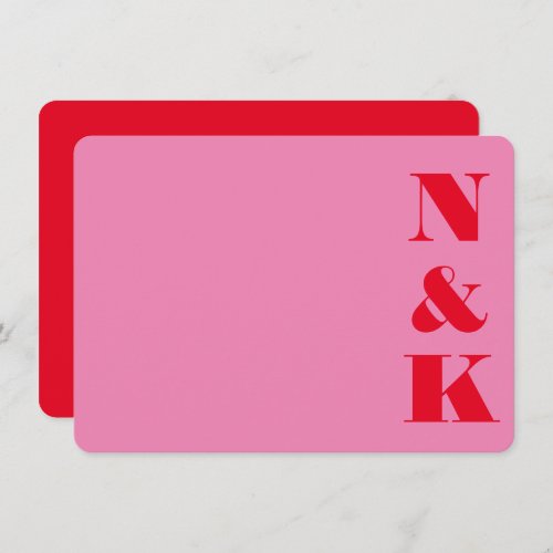 Minimalist Bold Monogram Pink and Red Wedding Name Note Card