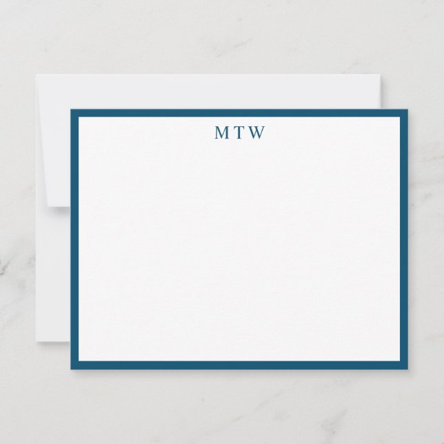 Minimalist Bold Navy Blue Square Border Monogram Note Card (Front)