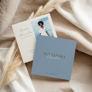 Minimalist Bold Script Boho Dusty Blue Photo Square Business Card