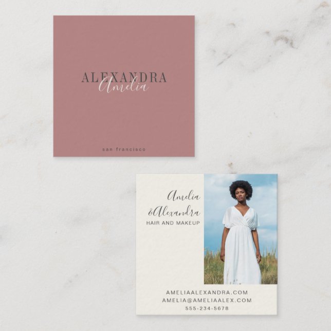 Minimalist Bold Script Boho Dusty Rose Photo  Square Business Card (Front/Back)