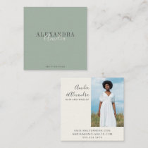 Minimalist Bold Script Boho Sage Green Photo  Square Business Card