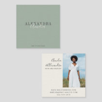 Minimalist Bold Script Boho Sage Green Photo  Square Business Card