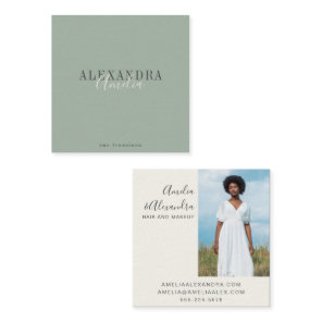 Minimalist Bold Script Boho Sage Green Photo  Square Business Card