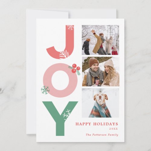 Minimalist Bold Script Joy 3 Photo Collage Family Holiday Card