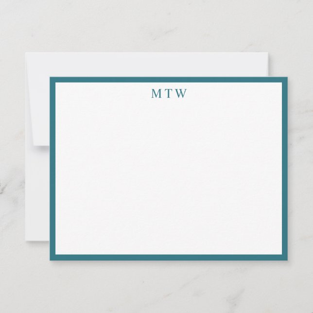 Minimalist Bold Teal Square Border Monogram Note Card (Front)