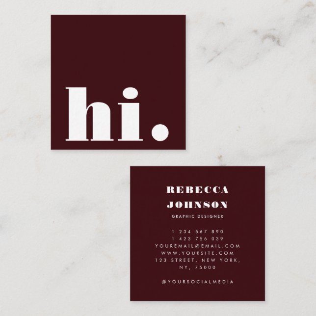 Minimalist Bold Typography Burgundy Modern Hi Square Business Card (Front/Back)