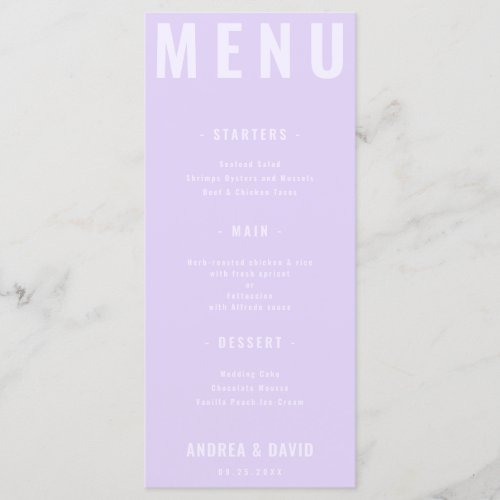 Minimalist Bold Typography Lilac Lavender Wedding Menu