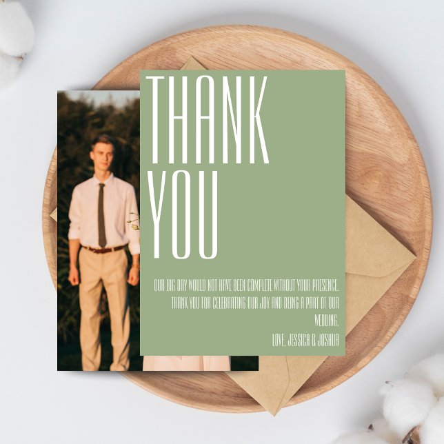 Minimalist Bold Typography Sage Green White Photo Thank You Card (Creator Uploaded)