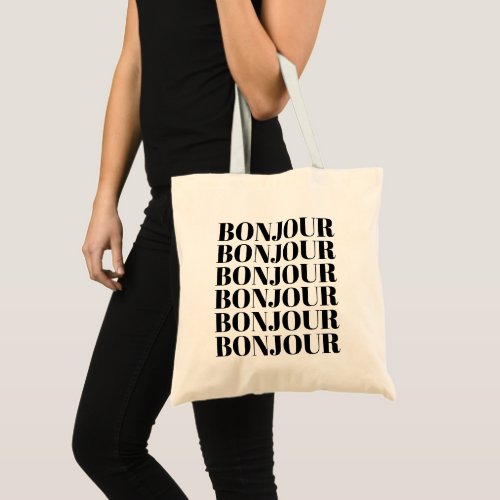Minimalist Bonjour French Typography Black White Tote Bag
