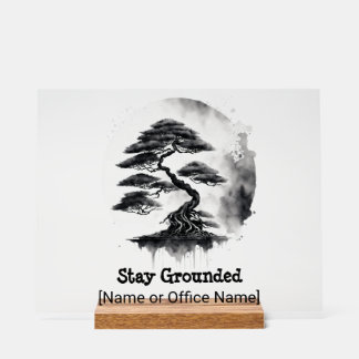 Minimalist Bonsai Tree Zen Desk Sign Japanese Ink