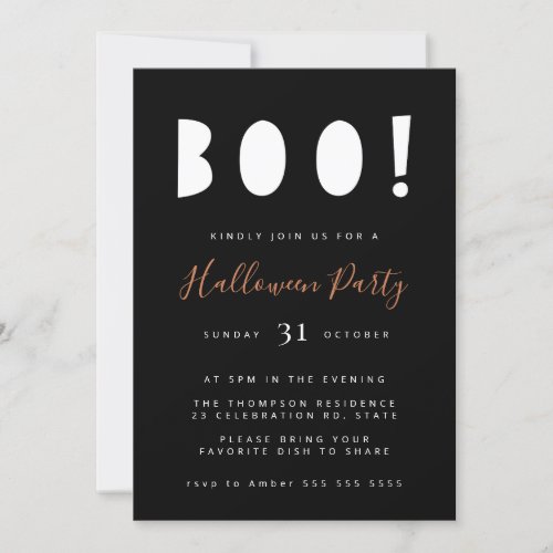 Minimalist Boo Halloween Black Party Invitation