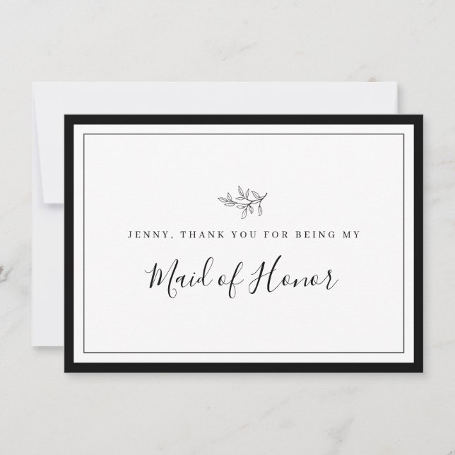 Minimalist Border Leaf Maid of Honor Thankyou card (Front)