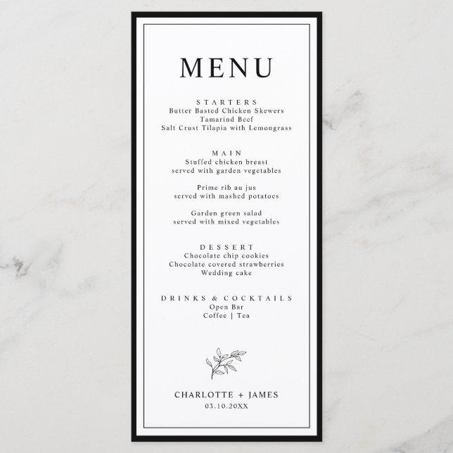 Minimalist Border Leaf Wedding Menu Card (Front)
