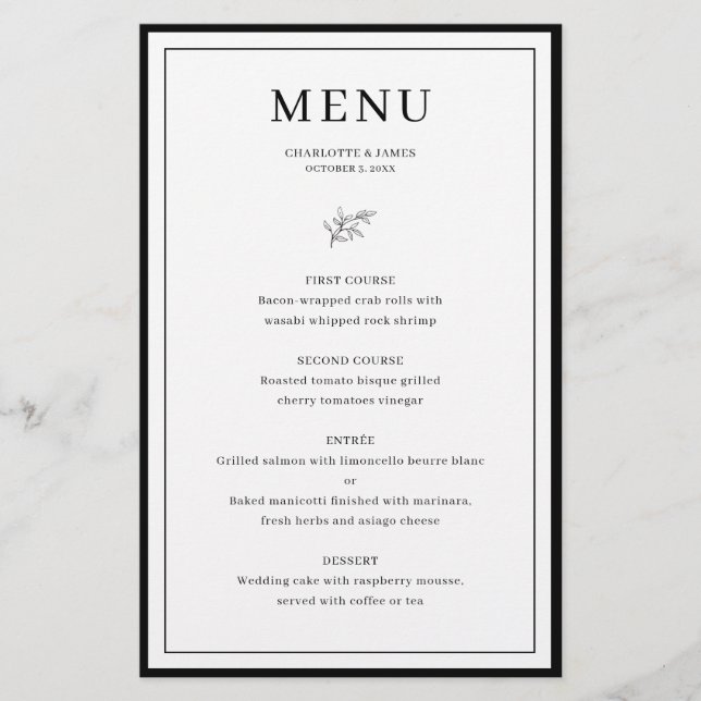 Minimalist Border Leaf Wedding menu card (Front)