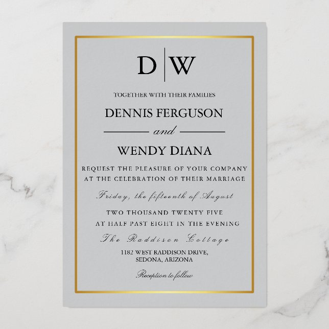 Minimalist Border Monogram Wedding Foil Invitation (Front)