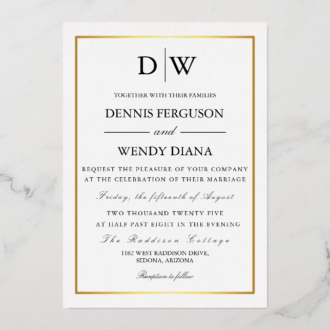 Minimalist Border Monogram Wedding Foil Invitation (Front)