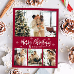 Minimalist Bordo White 4 Photo Collage Christmas Postcard<br><div class="desc">Modern, Elegant, Burgundy and White 4 Photo Collage Merry Christmas Script Holiday Postcard. This festive, mimimalist, whimsical four (4) photo holiday card template features a pretty photo collage, some snowflake and says Merry Christmas! The „Merry Christmas” greeting text is written in a beautiful white color hand lettered typography font type...</div>