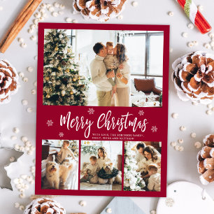 Minimalist Bordo White 4 Photo Collage Christmas Postcard