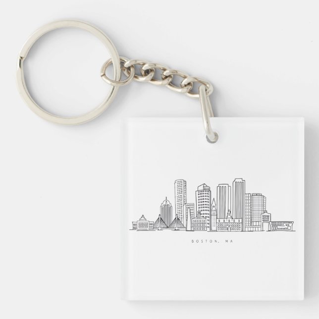 Minimalist Boston City Skyline Illustration Keychain (Front)