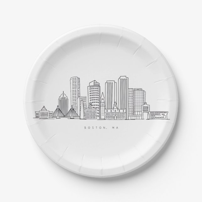 Minimalist Boston City Skyline Illustration Paper Plates (Front)