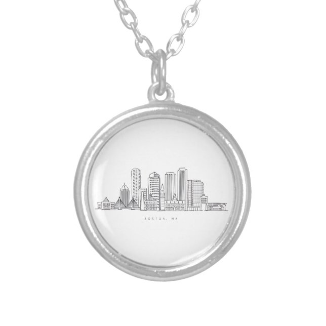 Minimalist Boston City Skyline Illustration Silver Plated Necklace (Front)