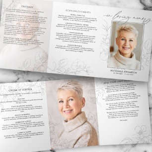 Minimalist Botanical 3-Photo Funeral/Memorial Tri-Fold Program