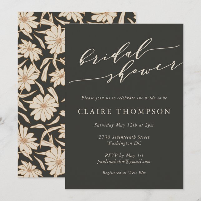 Minimalist Botanical Black Ivory Bridal Shower Invitation (Front/Back)