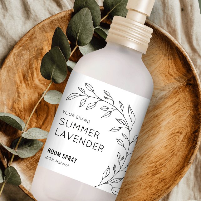 Minimalist Botanical Black White Room Spray Label (Minimal air freshener spray label design featuring elegant floral motif and modern fonts)
