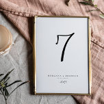 Minimalist Botanical Black & White Script Wedding  Table Number<br><div class="desc">A two-sided design has a simple minimalist unique black and white calligraphy script with a botanical leaf accent.  Easily add number,  name,  and date to as many table cards as you require.  make sure you add each card to your cart before purchasing.</div>