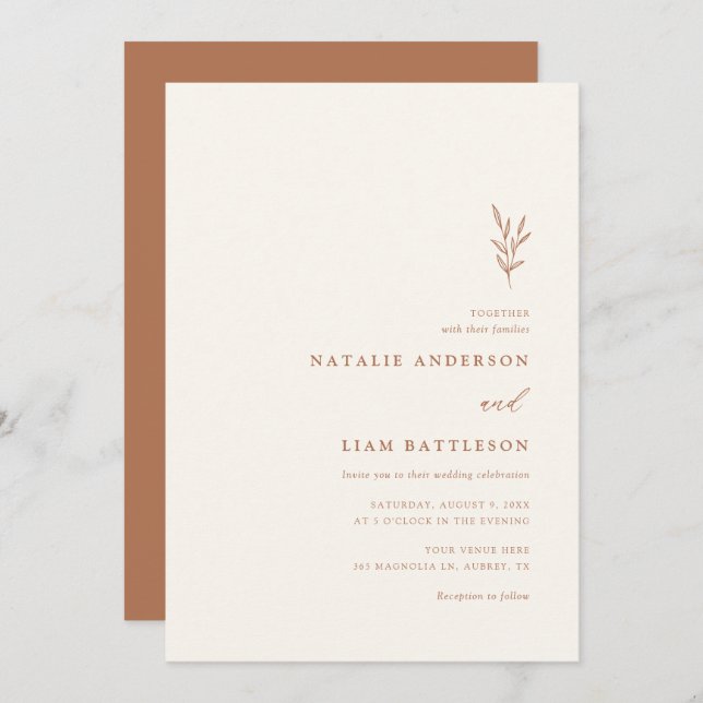 Minimalist Botanical Burnt Orange Wedding Invitati Invitation (Front/Back)
