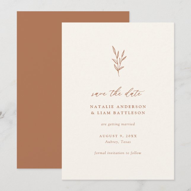 Minimalist Botanical Burnt Orange Wedding Save The Date (Front/Back)