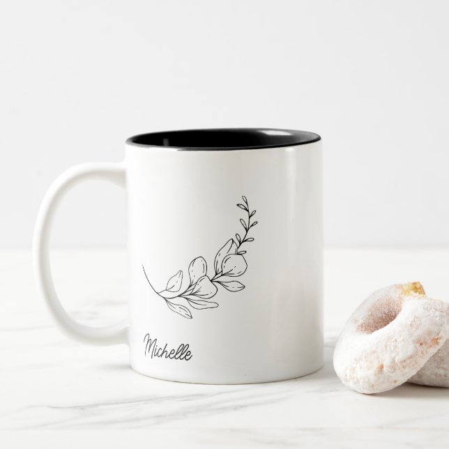 Minimalist Botanical Custom Name Two-Tone Coffee Mug (With Donut)
