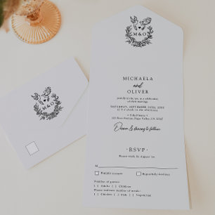 Minimalist Botanical Doves Elegant Script Wedding All In One Invitation