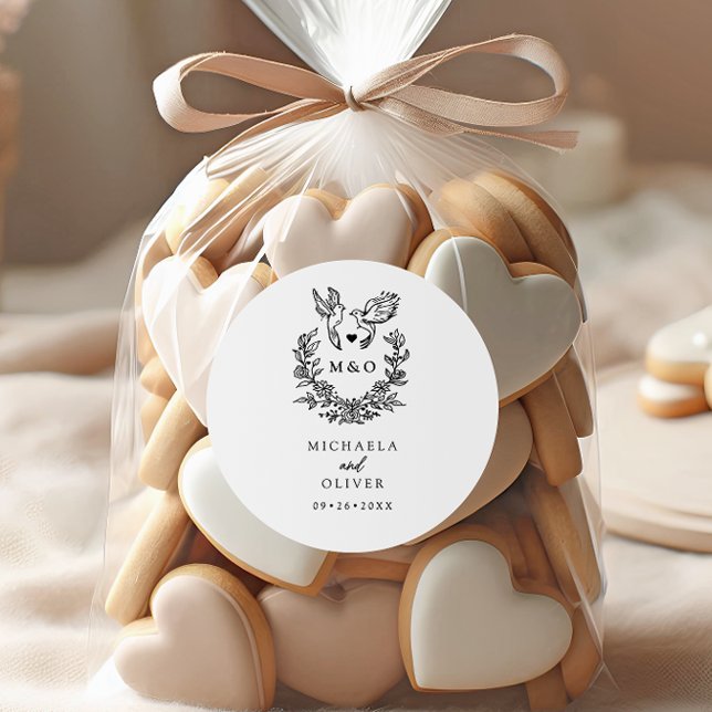 Minimalist Botanical Doves Elegant Script Wedding Classic Round Sticker (Creator Uploaded)