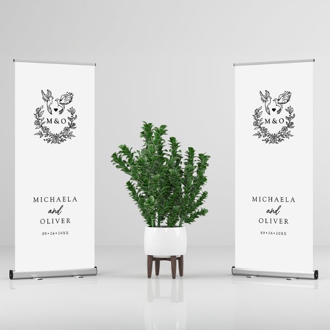 Minimalist Botanical Doves Elegant Script Wedding Retractable Banner (Creator Uploaded)