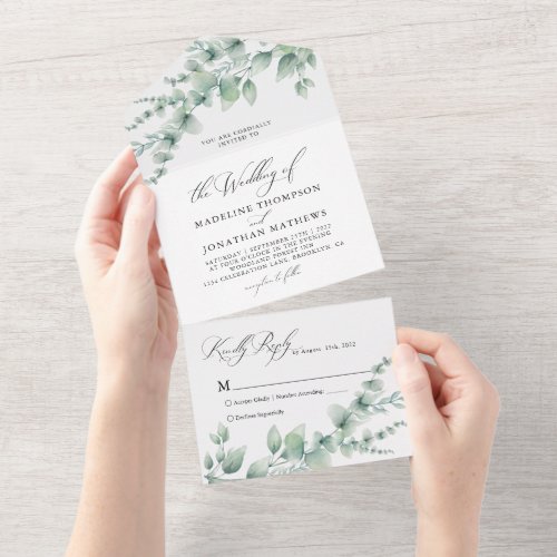 Minimalist Botanical Eucalyptus Watercolor Wedding All In One Invitation