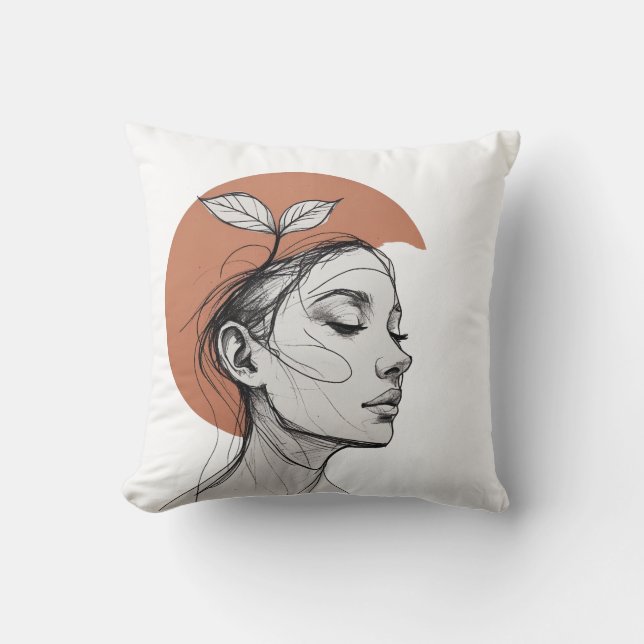 Minimalist Botanical Face – One Line Art Pillow (Front)
