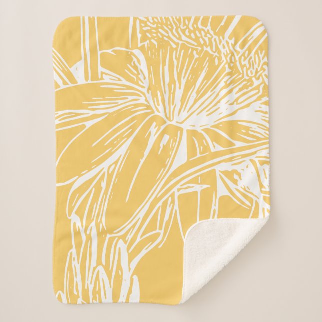 Minimalist Botanical Floral Line Drawing Yellow Sherpa Blanket (Front)