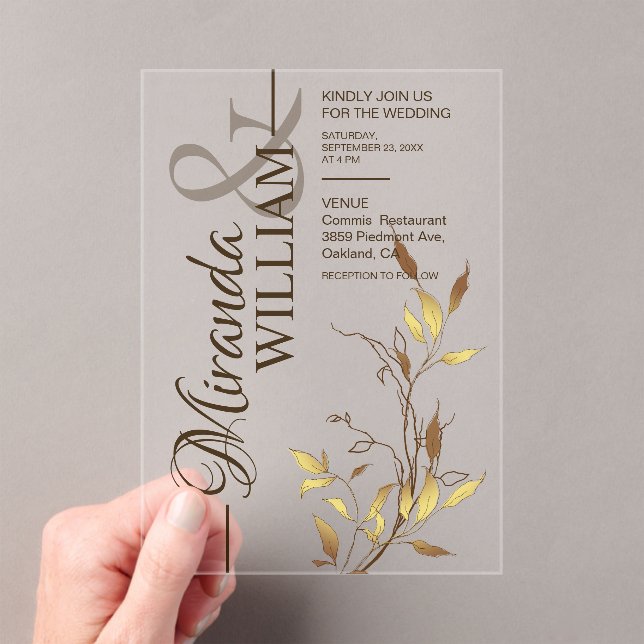 Minimalist Botanical Gold Wedding Acrylic Invitations (Insitu (Handheld))