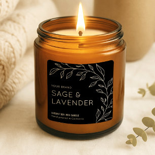 Minimalist Botanical Greenery Black Candle Label